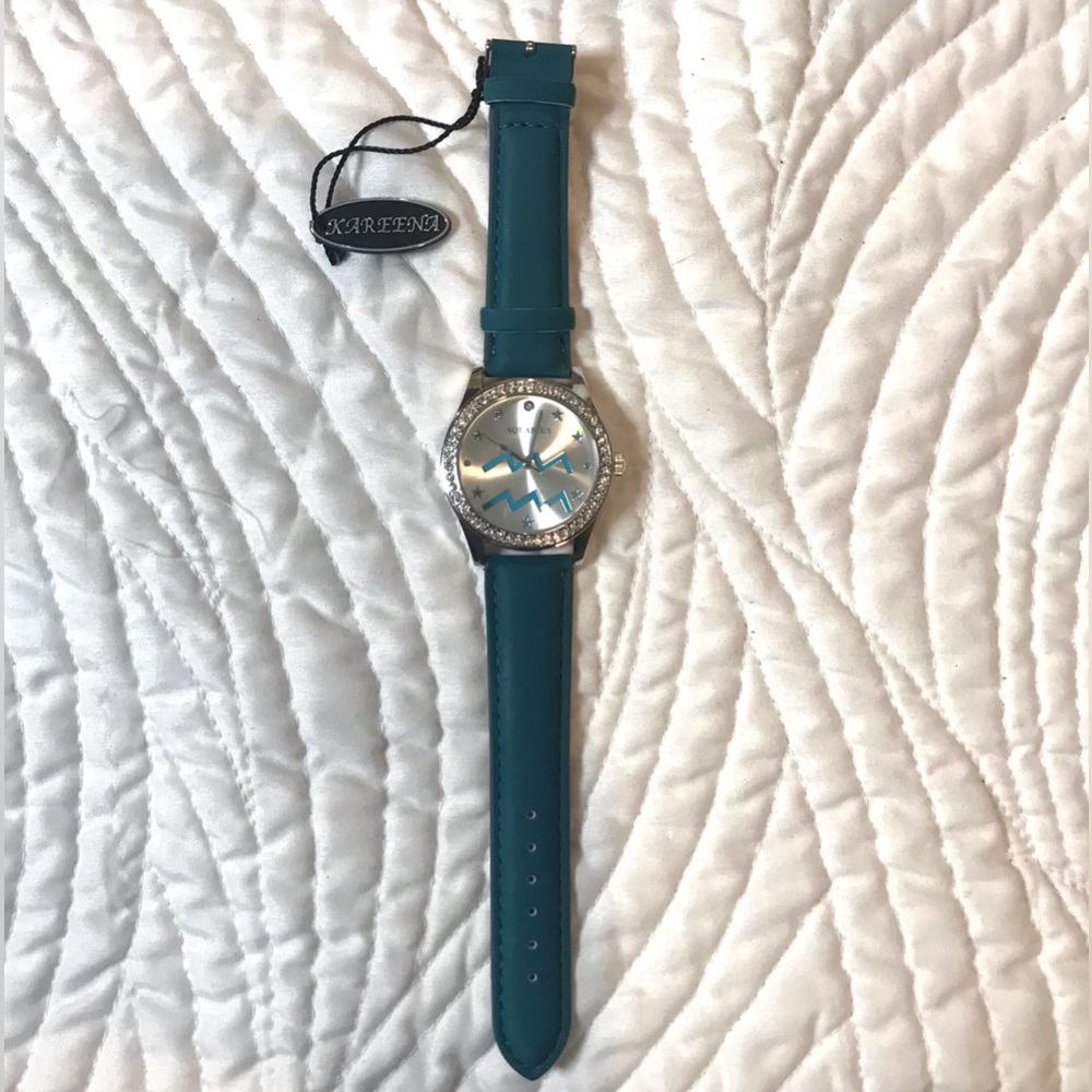NWT—KAREENA Quartz Aquarius Fashion Watch, Dark Aqua Band, Silver-Tone, Blingy!